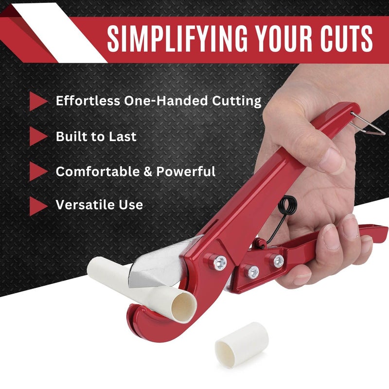 Flexzion Pipe and Tube Cutter Tool - One-Handed PVC Pipe Cutter, 1/8" to 1-1/4" Durable PEX Cutting Tool, Aluminum Ratcheting PVC Cutter for Plumbers & DIY Enthusiasts, Red - Image 2
